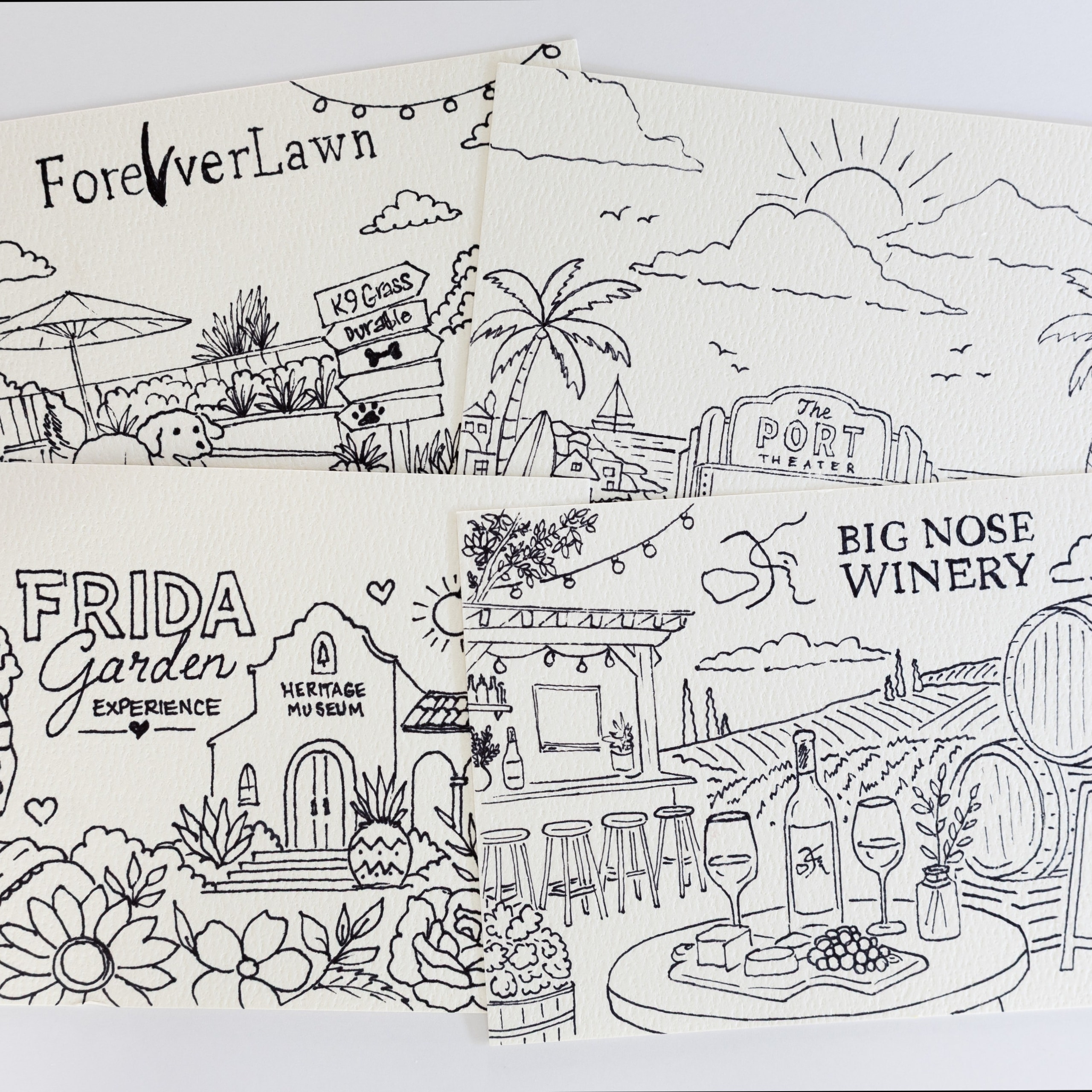 Custom Watercolor On The Go kit designs — four original coloring page illustrations — Shannon Paints